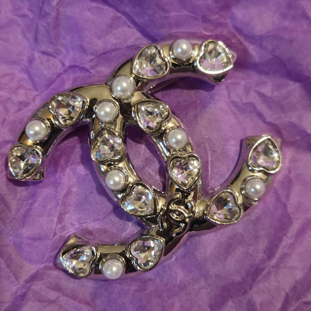Iconic Logo Brooch with Crystal Hearts and Faux Pearls
